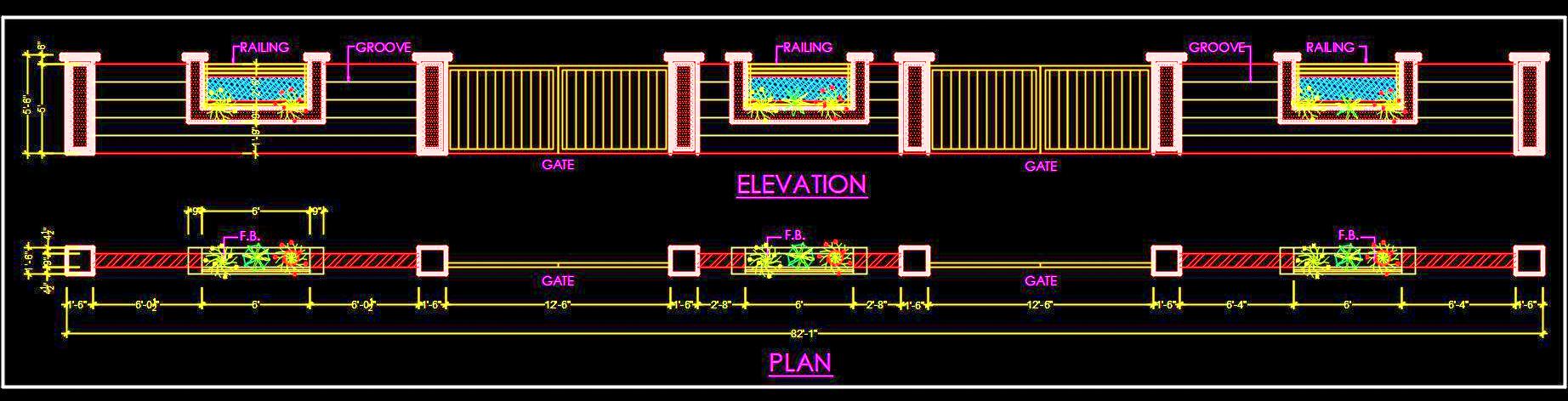 Boundary Wall Plan and Elevation CAD Drawing for Architects